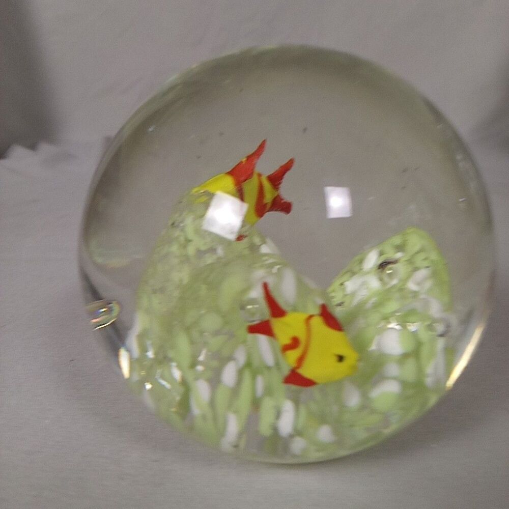 Murano Style Art Glass Paperweight Yellow Fish Green White Coral Reef Handblown